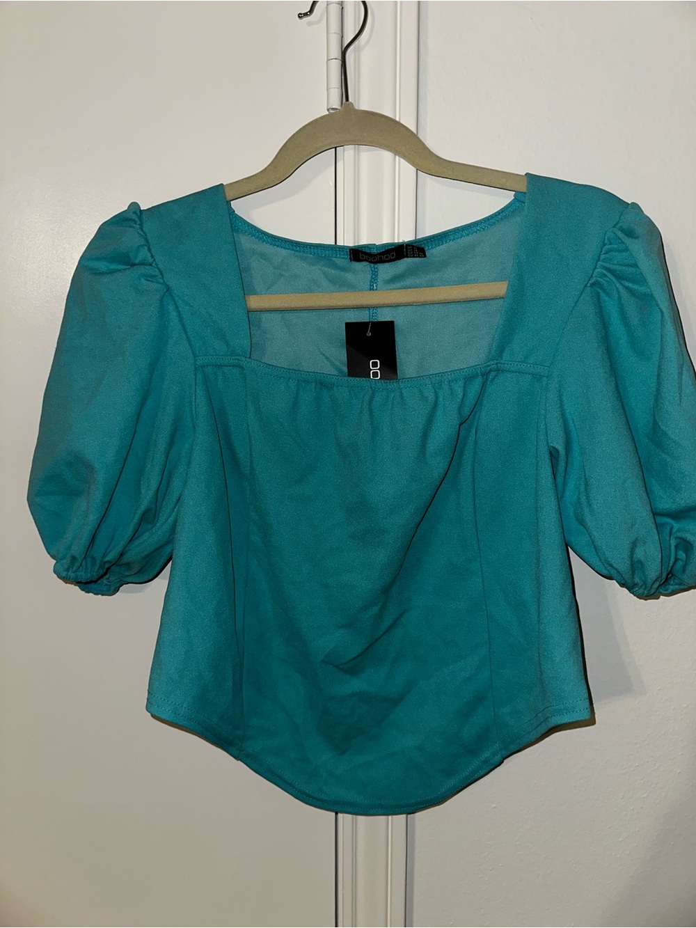 Boohoo Teal Puff-Sleeve Square-Neck Top